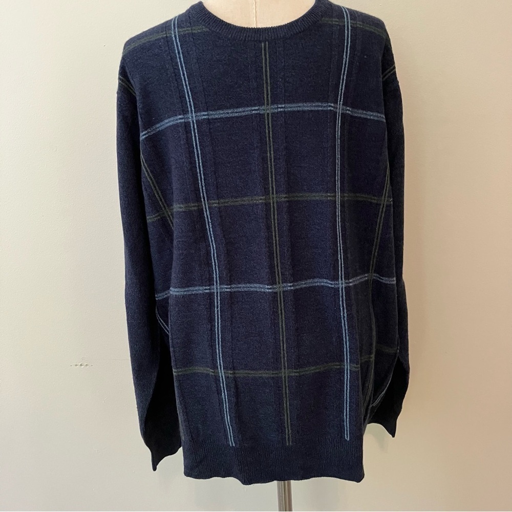 VTG Geoffrey Beene Sweater Mens XL Green Blue Stripe Square 90s Grandpa Preppy